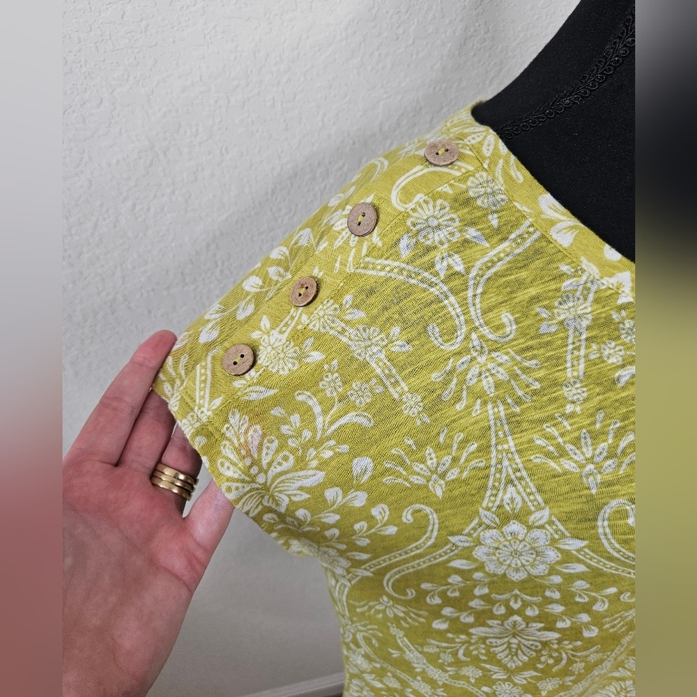 Joie Linen Blend Boho Print Yellow Green Button Detail Scoopneck Paisley Top - Picture 3 of 8